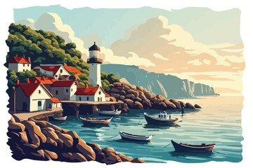 Seaside village with lighthouse and anchored fishing boats in bay at sunset. © Times Graphic