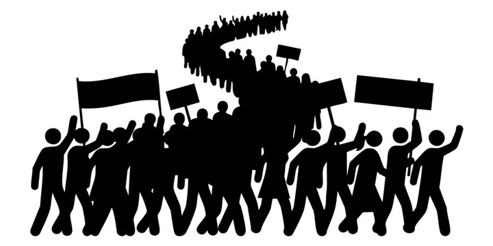 A group of people protesting in a crowd marches with signs and fists raised.