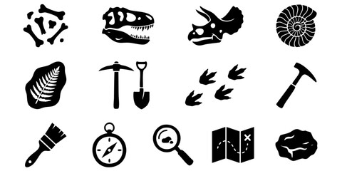 Fossil excavation process with tools and dinosaur bones in a prehistoric landscape. © Dhani
