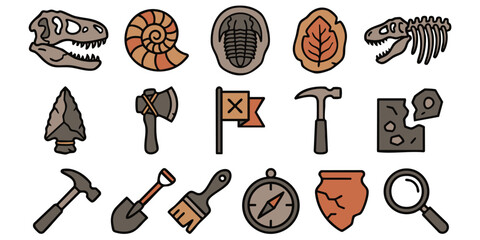 Fossil excavation site with various tools and artifacts on display outdoors © Dhani