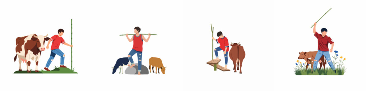 Set of flat vector illustrations depicting a young male farmer or herder interacting with cattle in various rural countryside scenes.