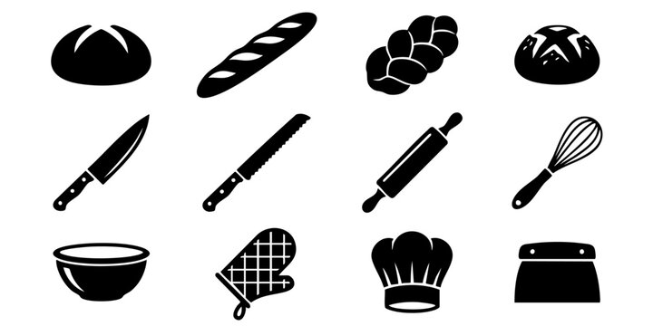 A collection of baking icons featuring various tools and bread types on a white background