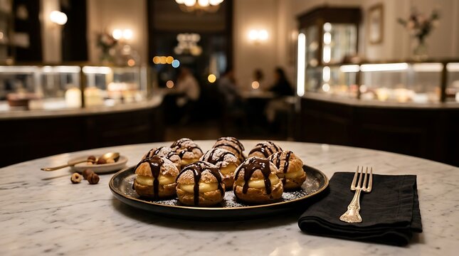 Serving chocolate profiteroles on a marble table in a cozy cafe setting