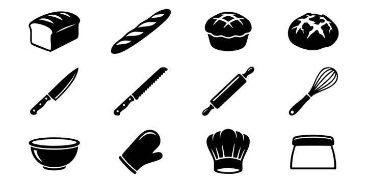 The baking icons depict various kitchen tools and food items on a table indoors.