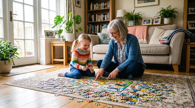 Grandmother and Granddaughter Playing Jigsaw Puzzle Together on Floor
