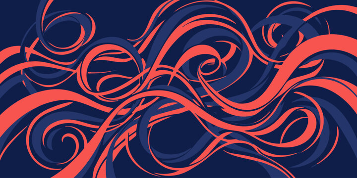 Vibrant orange swirls dance across a dark blue abstract background