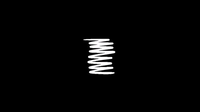 Circle, doodle, scribble, a white coil spring on a black background, representing elasticity and tension in a simple yet striking visual