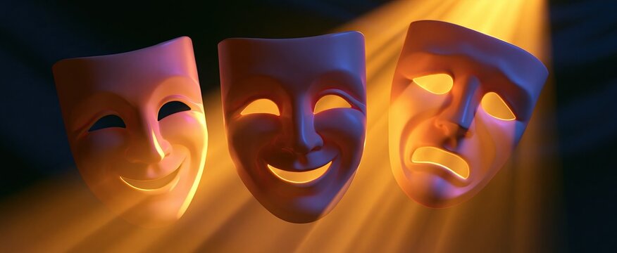 A vibrant theater scene featuring illuminated comedy and tragedy masks set against an abstract backdrop, highlighting theatrical emotion.