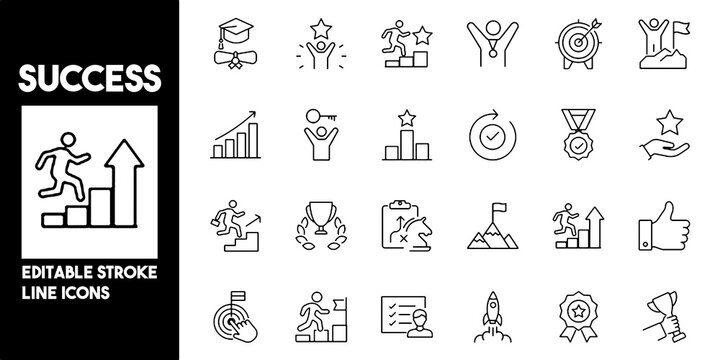 Success icon set in outline style. Collection of success, achievement, goal, victory, business, and growth icons. Editable stroke. Vector icon collection.