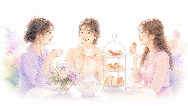 上品なアフタヌーンティーを楽しむ若い女性3人、カフェでの優雅なティータイム