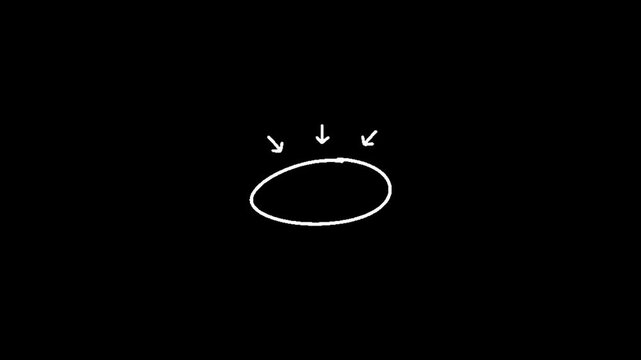 Circle, doodle, scribble, a simple white oval shape with three arrows pointing downwards on a black background