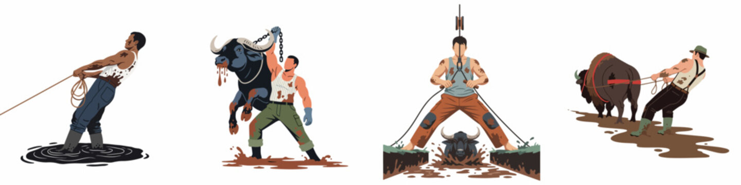 Set of vector illustrations depicting muscular men engaged in strenuous agricultural labor and pulling water buffalo through mud, symbolizing grit and hard work.