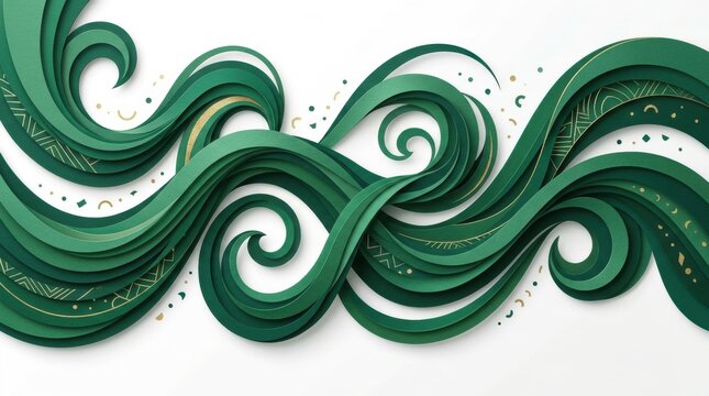 Emerald green paper wave art modern fluid design with gold accents abstract ocean motion