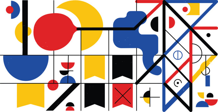 Abstract geometric bauhaus style vector design featuring primary colors lines circle shapes and flags.Abstract geometric bauhaus style vector design featuring primary colors lines circle shapes 