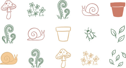 Cottagecore garden vector line art set featuring snails mushrooms fern sprouts flowers and flowerpots.Cottagecore garden vector line art set featuring snails mushrooms fern sprouts flowers  © MdAmzad