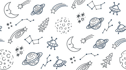 Hand drawn space seamless pattern vector featuring planets ufo spaceships moon rockets and stars.Hand drawn space seamless pattern vector featuring planets ufo spaceships moon rockets and  © MdAmzad