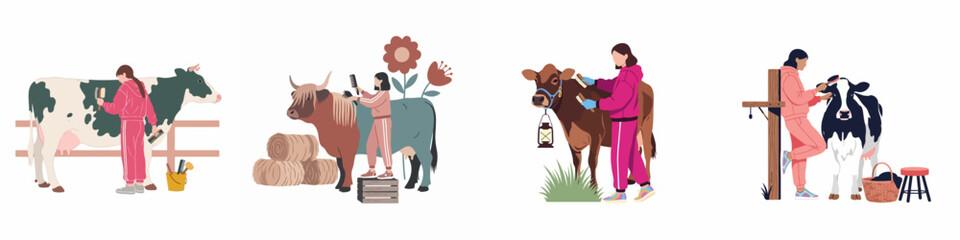 Illustration set of women grooming and caring for different breeds of cows in various farm settings, featuring dairy and highland cattle.