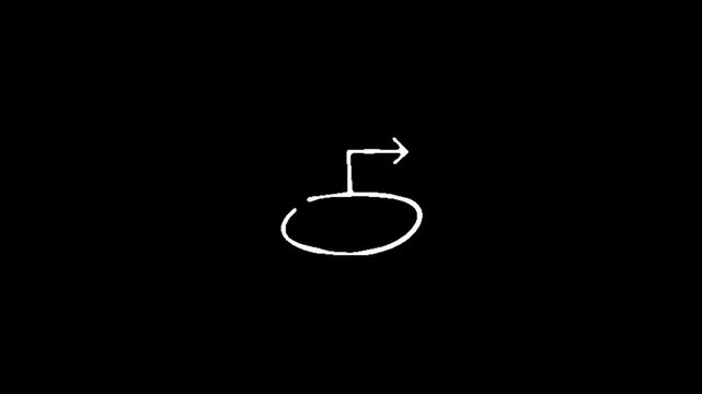 Circle, doodle, scribble, a white hand drawn musical eighth note on a black background