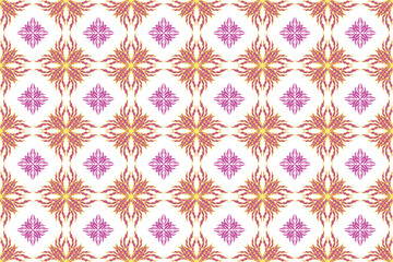 Fototapeta premium Elegant seamless floral damask pattern featuring ornamental botanical motifs in vibrant purple and golden yellow on a white background. Symmetrical decorative design inspired by traditional textiles a