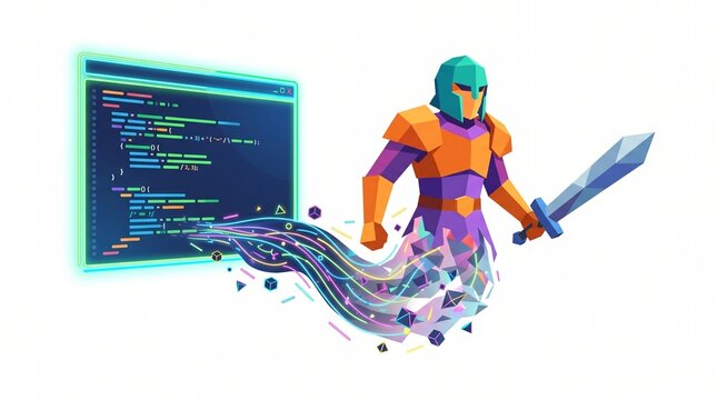 Warrior coding materializing with sword and computer screen