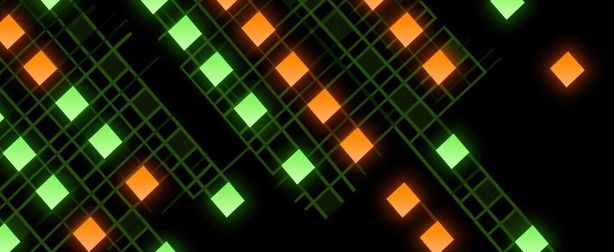 Glowing green and orange squares dance like electric fireflies in a retro tech wonderland