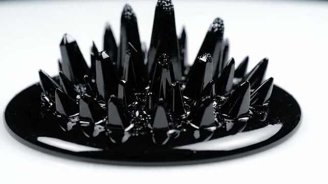 Abstract Ferrofluid Spiky Black Liquid Motion Formation Mesmerizing Display Under Magnetism, Science Fluid Dynamics, Intriguing Visuals, Dark Wonder, Scientific Curiosity
