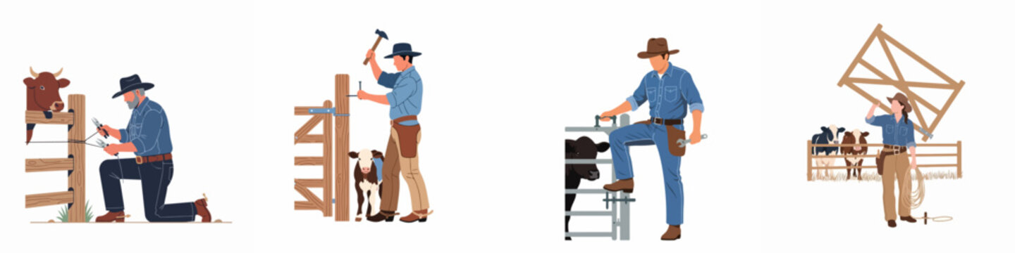Illustration set of hardworking farmers and ranchers repairing fences and managing cattle on a traditional rural livestock farm.