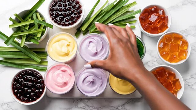 Vibrant Boba Tea Toppings and Dessert Ingredients on Marble. Perfect for cafe menus and food blogs.