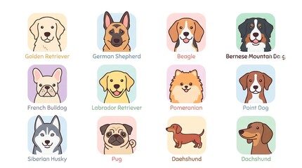 Fototapeta premium Cartoon dog breeds including Golden Retriever, German Shepherd, Beagle, Bernese Mountain Dog, French Bulldog, and others on a colorful background