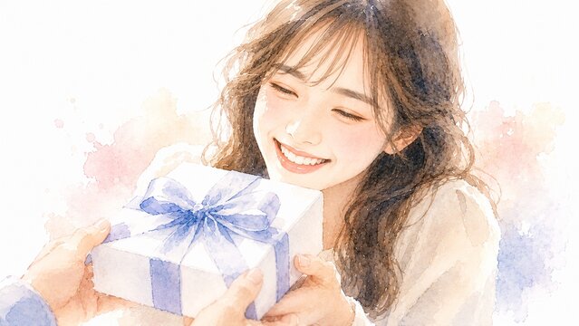 プレゼントを受け取り満面の笑みで喜びを表現する若い女性の幸福な瞬間