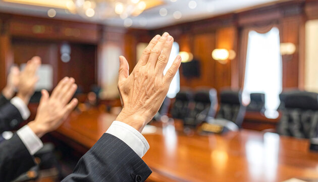 Majority Rules: Hands raised in a formal meeting room, signifying agreement and participation in a crucial decision-making process.