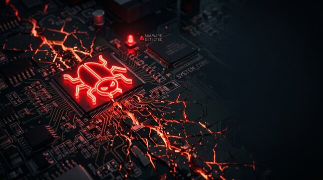 Malware bug infecting digital circuit board representing computer virus and cyber threat