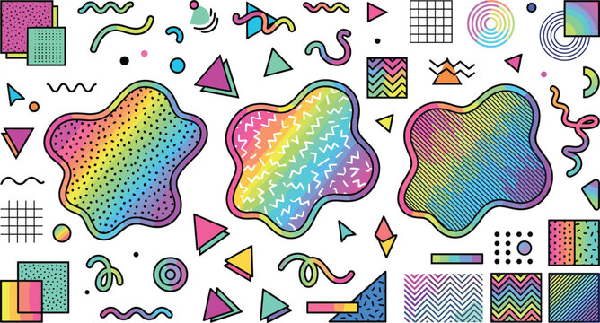 Colorful retro memphis style vector asset set featuring neon gradients grids and geometric patterns.Colorful retro memphis style vector asset set featuring neon gradients grids and geometric 