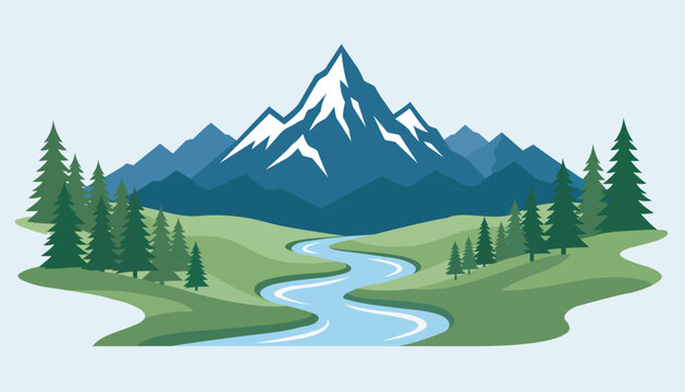 Mountain landscape vector with a winding river and pine trees forest under a clear sky in flat design style