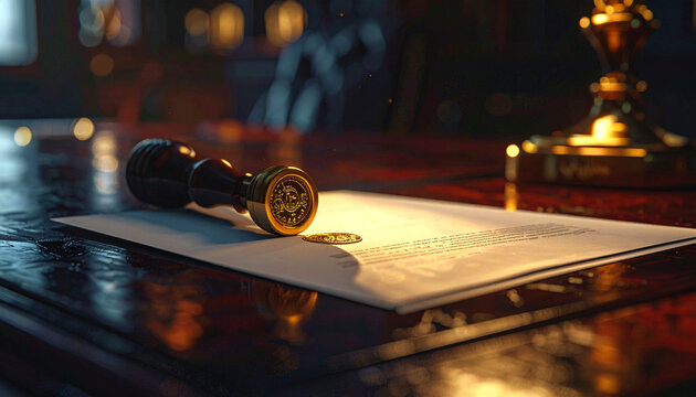 Sealed by Decree: A traditional wax seal stamp rests upon an official document, symbolizing authority and finality in a richly detailed, antique setting.