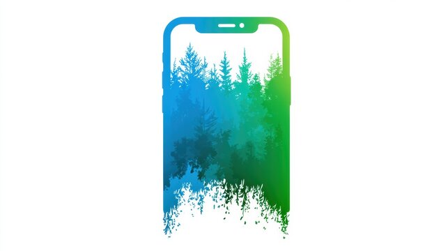 A phone screen changes into a forest scene, representing the transformation from digital to nature with a blue to green gradient.