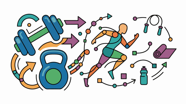 Stylized runner with gym equipment and abstract motion lines