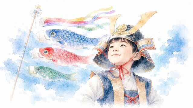 兜をかぶった男の子が青空の下でたなびく鯉のぼりを見上げる子供の日の風景
