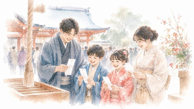 着物を着た家族が正月に神社でおみくじを引き笑顔で喜ぶ初詣の風景