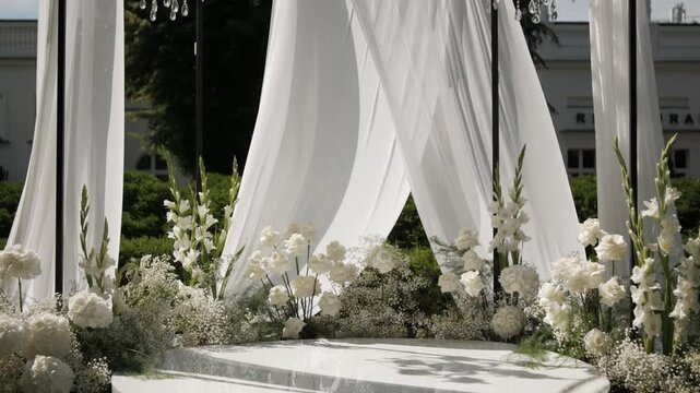 Beautiful wedding ceremony setup featuring white floral arrangements and flowing draped fabric, creating a romantic outdoor atmosphere for the event