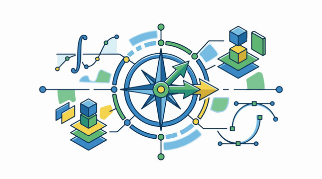 Abstract graphic with compass graphs cubes and Bezier curves