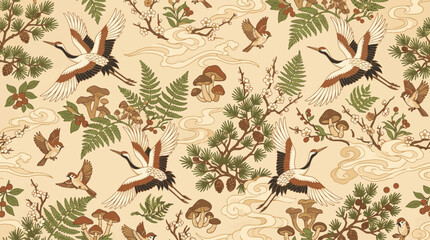 Traditional oriental botanical texture with asian cranes, fern leaves, pine branches and birds in vintage style © Akhi Ayra