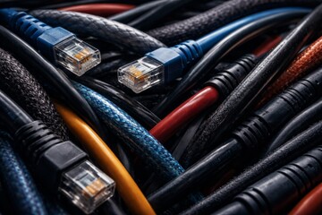 Network cables intertwined in a data center server room, ideal for technology backgrounds © dvoevnore