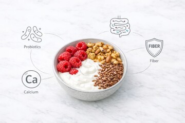 Yogurt bowl with raspberries, granola, and seeds on marble table with infographics © dvoevnore