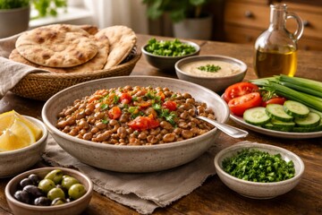 Egyptian cuisine features a spread of traditional foods including ful medames and pita bread © dvoevnore