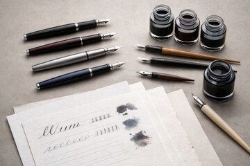 Fountain pen writing with ink samples on paper, concept of handwriting improvement © dvoevnore