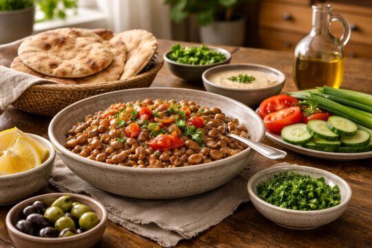 Egyptian cuisine features a spread of traditional foods including ful medames and pita bread