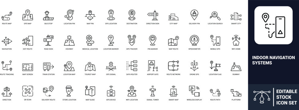 Indoor navigation systems line art icons set route map, gps map, location pin, destination, city map, navigation, map route, Web icon, App icon, Outline icon, Editable stroke, line art, Vector EPS