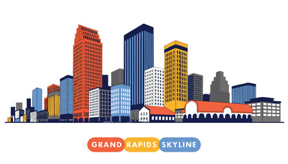 Fototapeta premium Very beautiful realistic vector of the Grand Rapids downtown skyline featuring modern skyscrapers and urban architecture, featuring a colorful label reading 