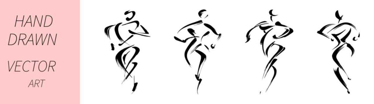 Abstract running athlete vector illustration collection featuring expressive brush stroke figures, dynamic sports logo design, modern motion artwork isolated on white background